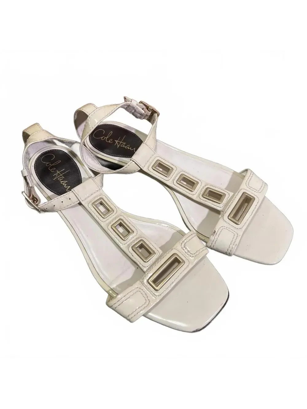 Cole Haan Womens Cream Patent Leather Sandals Geometric Cutouts Size 7.5 B
